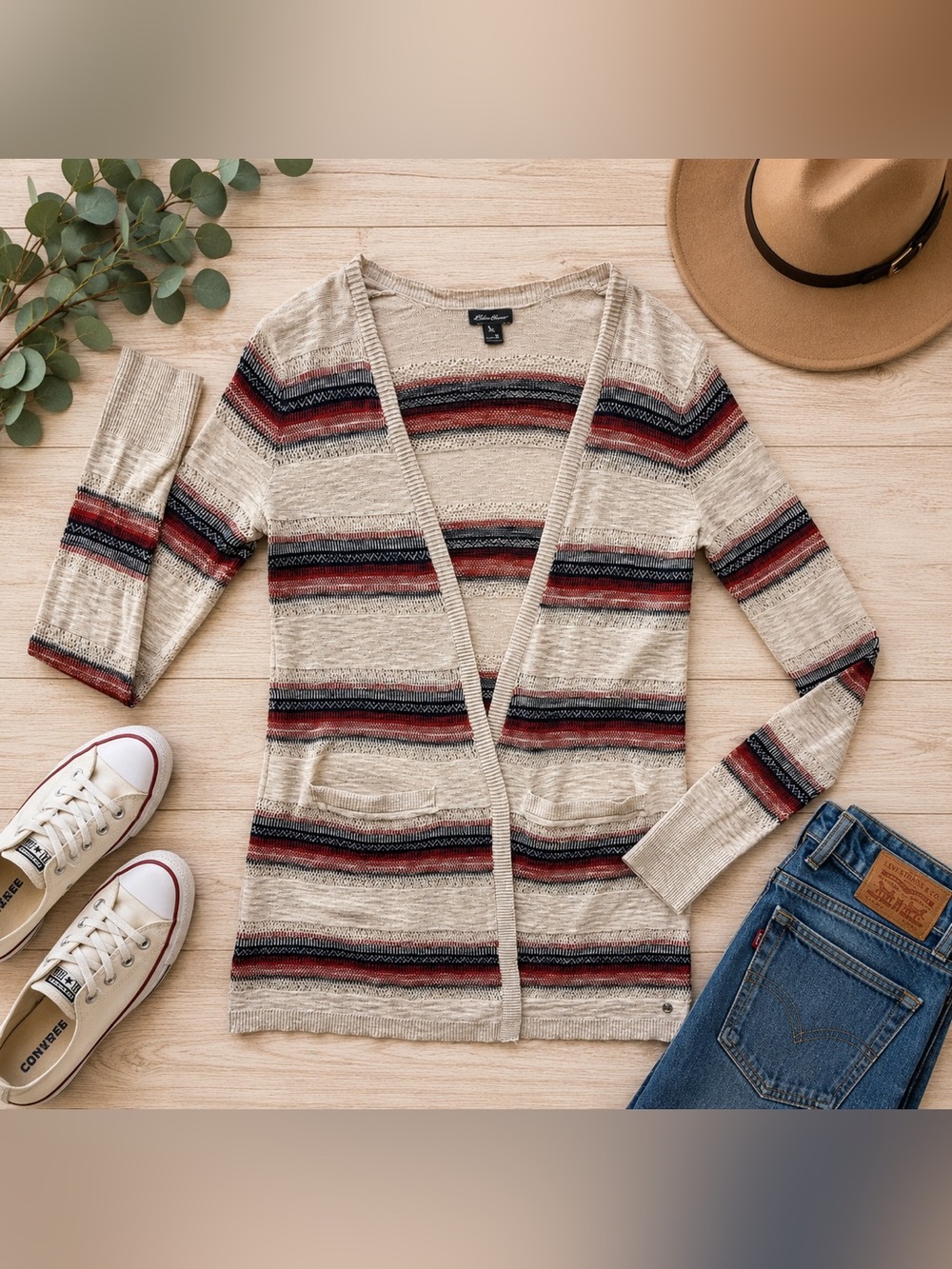 Eddie Bauer Women’s XS Striped Open Front Cardigan Sweater Red Navy Cream
